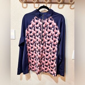 Crown and Ivy, navy blue and pink pullover with flamingos, size XL